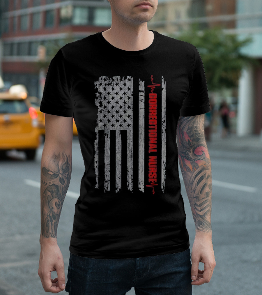 Correctional Nurse Distressed American Flag with Heartbeat T-Shirt