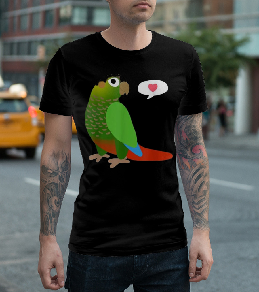 Funny Green Cheek Conure With Heart Parrot Love Speech Balloon T-Shirt