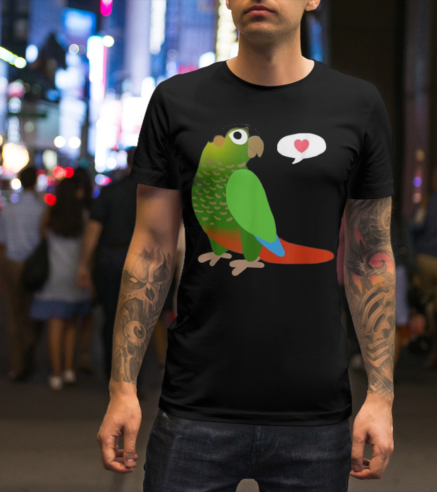 Funny Green Cheek Conure With Heart Parrot Love Speech Balloon T-Shirt