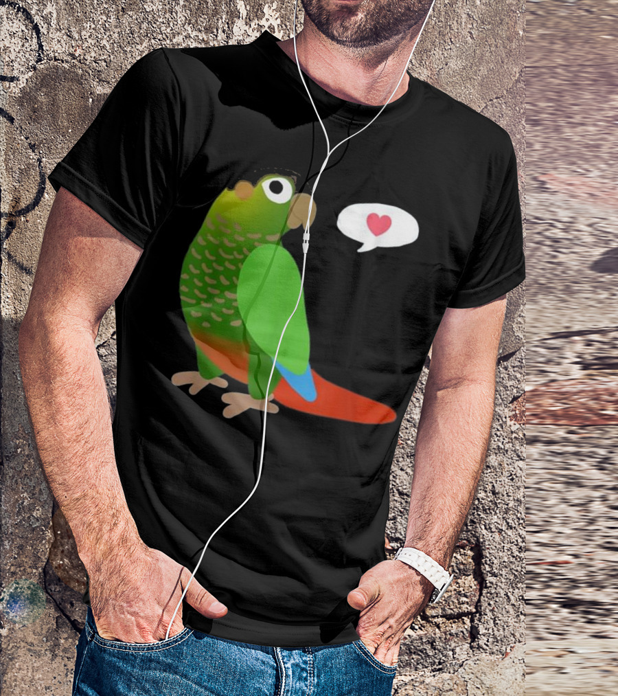 Funny Green Cheek Conure With Heart Parrot Love Speech Balloon T-Shirt