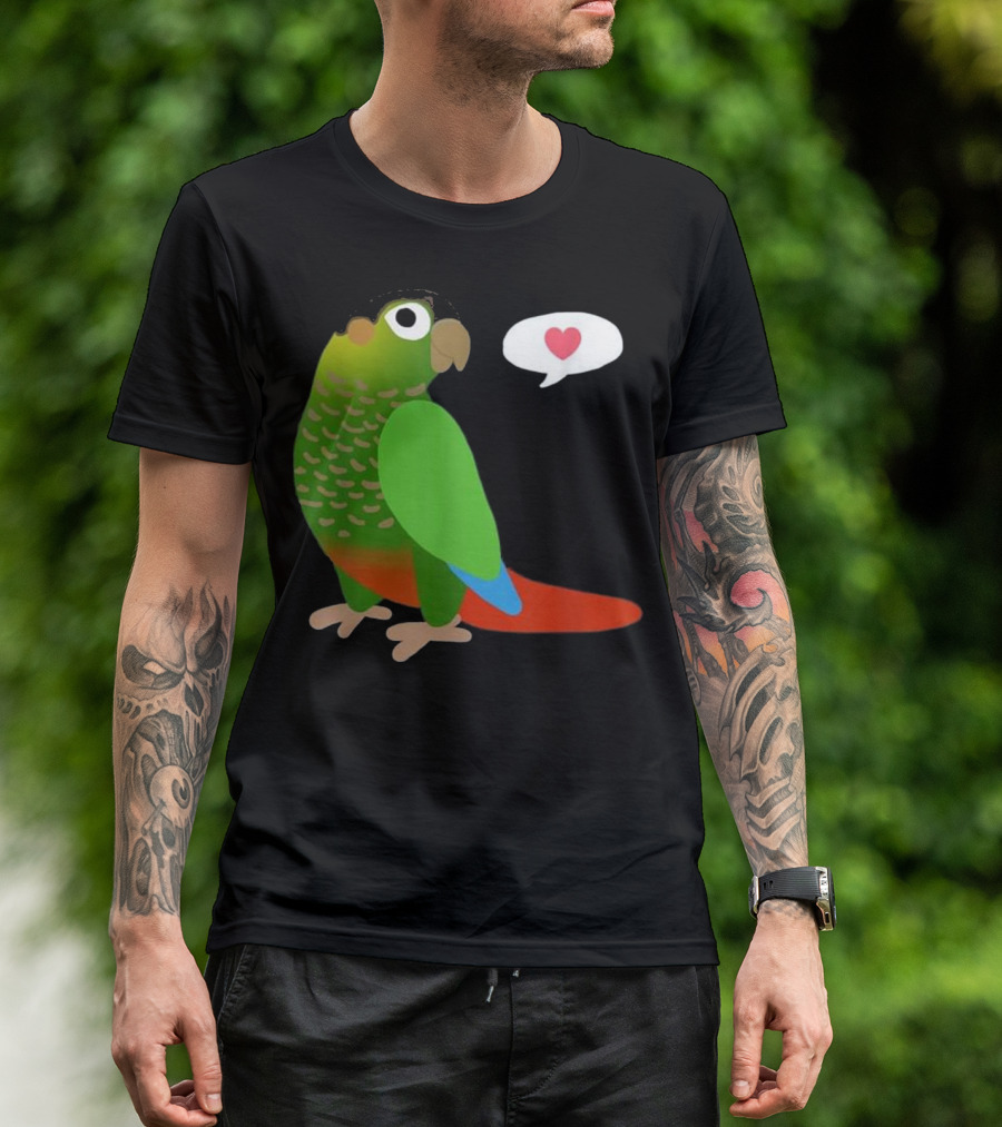 Funny Green Cheek Conure With Heart Parrot Love Speech Balloon T-Shirt