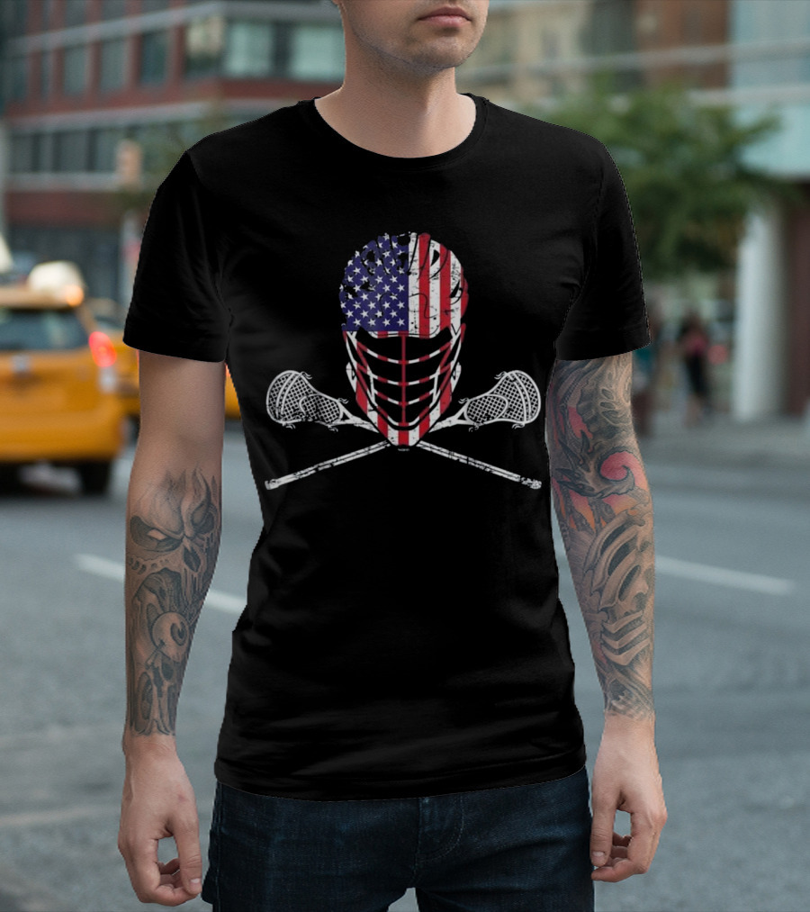 Lacrosse Helmet and Sticks American Flag USA T-Shirt
