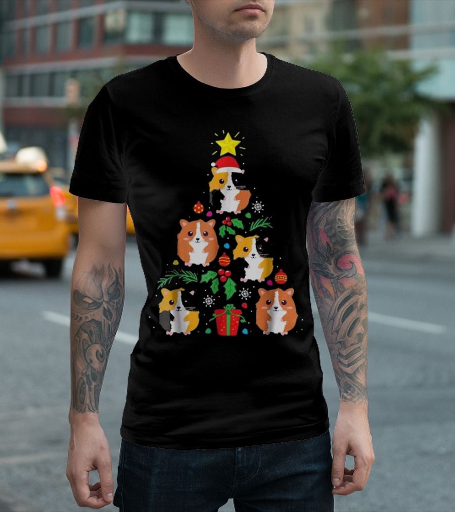 Funny Guinea Pig Lover Christmas Tree Cats Santa Hat Holiday T-Shirt