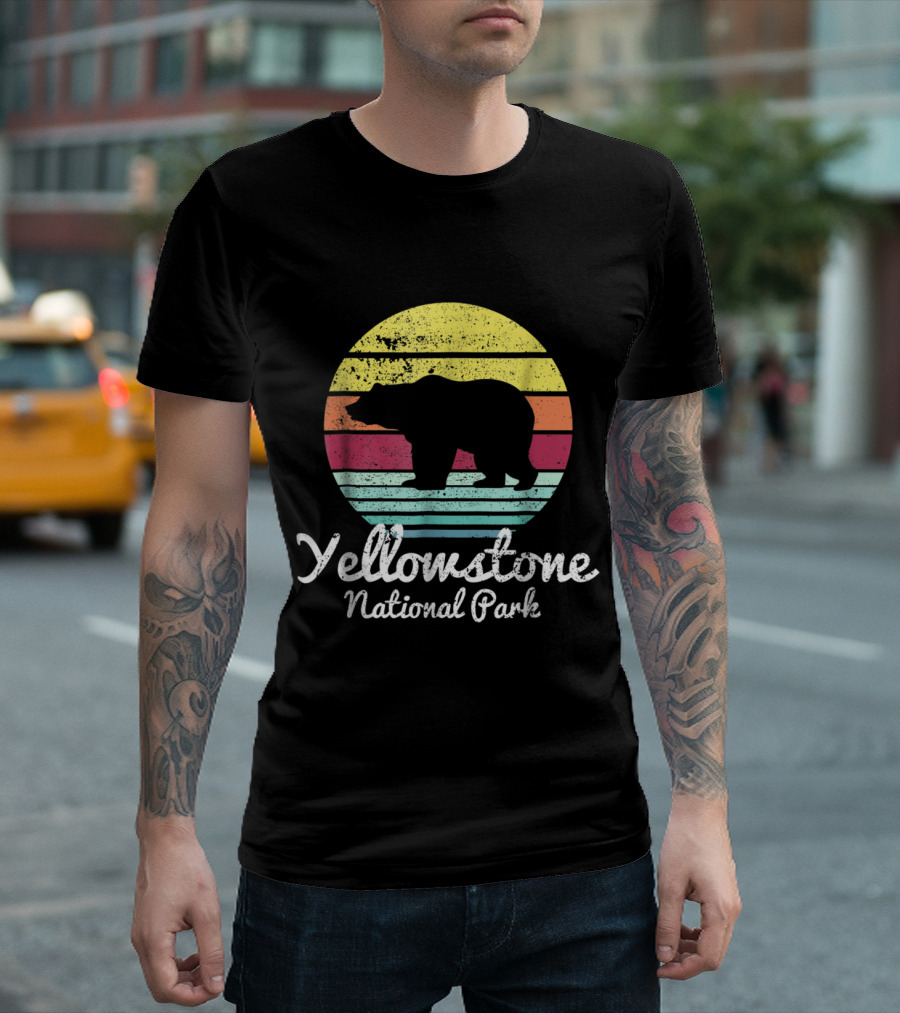 Yellowstone National Park Vintage Bear Silhouette Retro Stripes T-Shirt