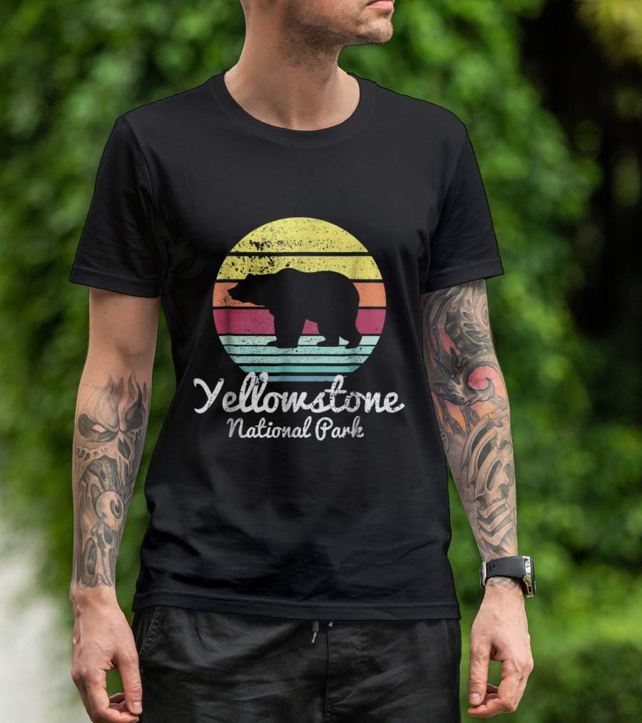 Yellowstone National Park Vintage Bear Silhouette Retro Stripes T-Shirt