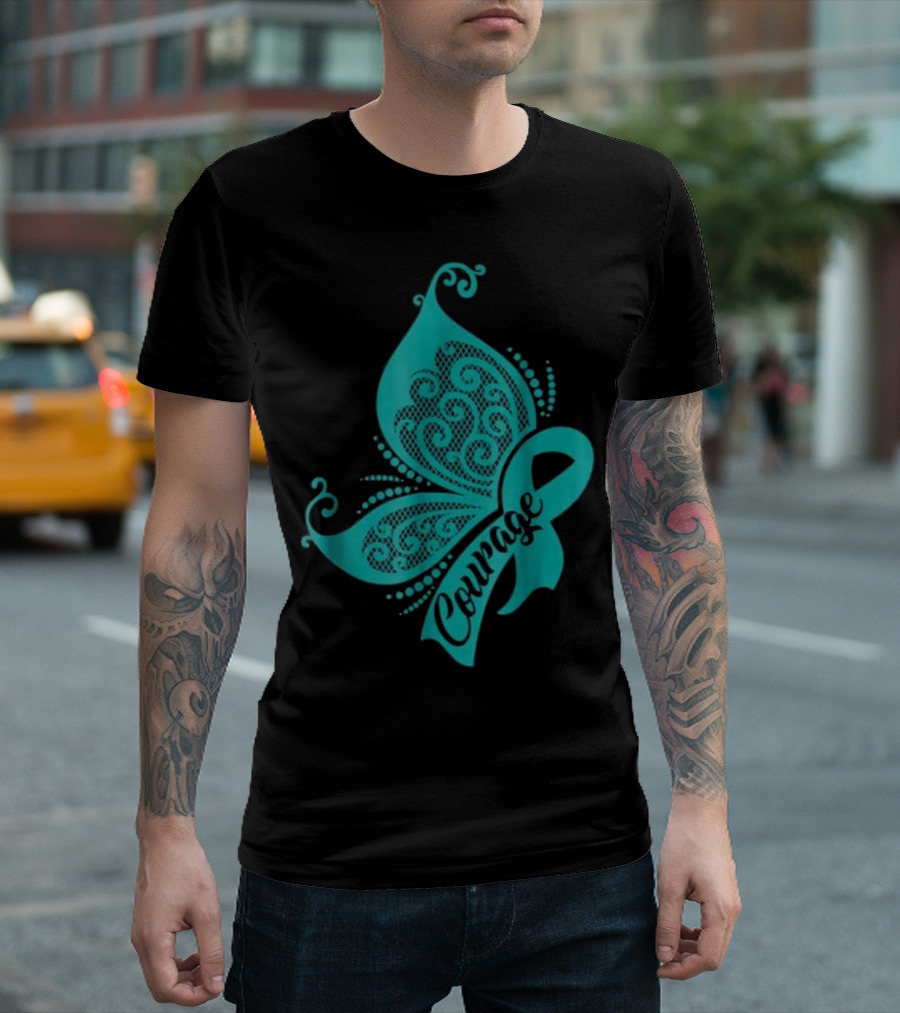 Courage Butterfly Ribbon Ovarian Cancer Awareness T-Shirt
