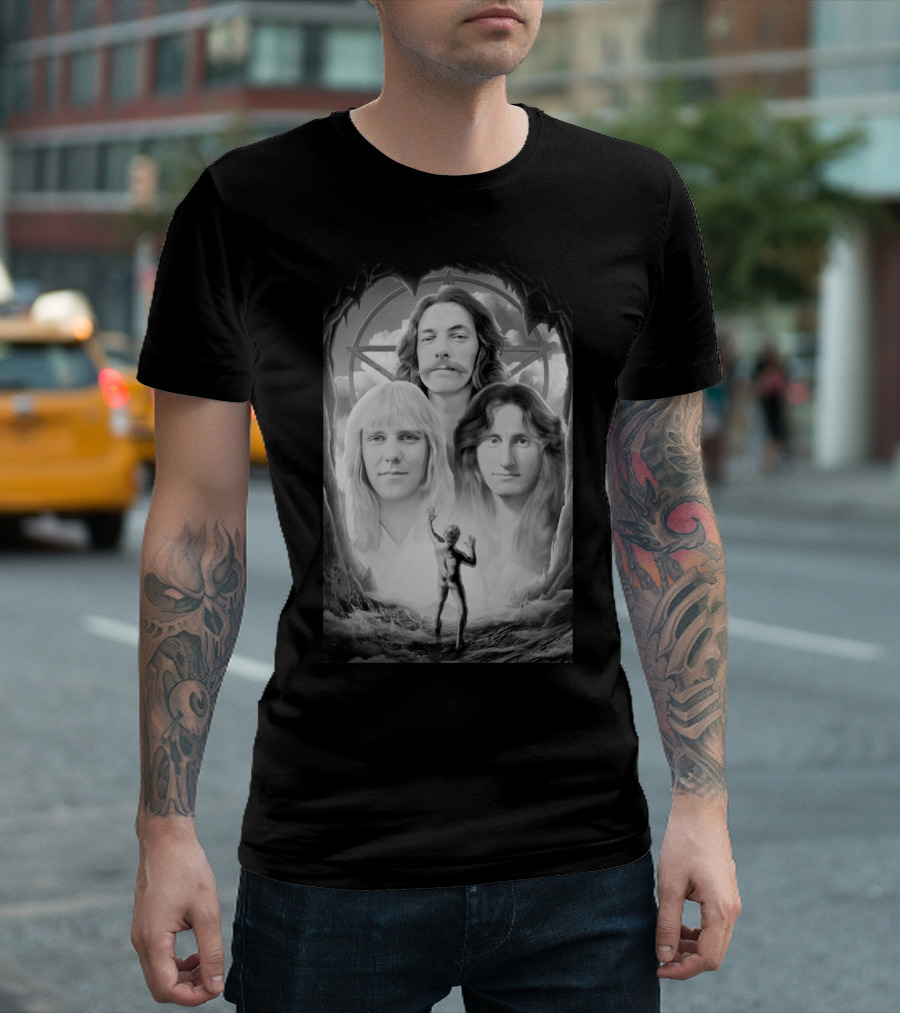 Rush Band Members with Starman Symbol and Celestial Background T-Shirt