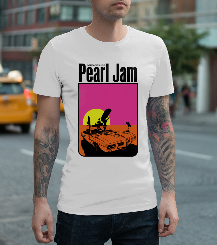 Pearl Jam & Space Hog Surfing Graphic Car Sunset T-Shirt