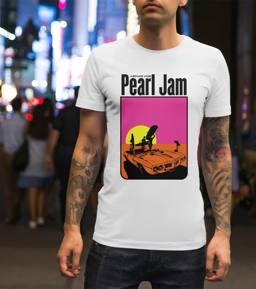Pearl Jam & Space Hog Surfing Graphic Car Sunset T-Shirt