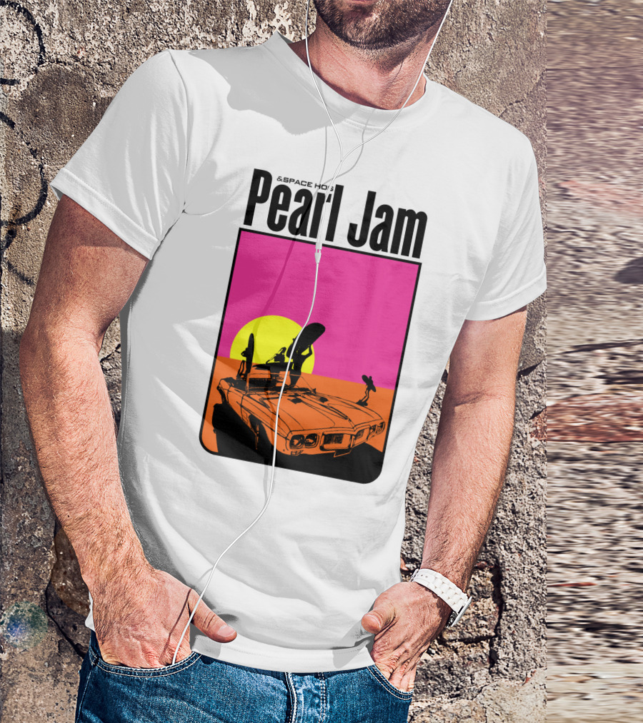 Pearl Jam & Space Hog Surfing Graphic Car Sunset T-Shirt