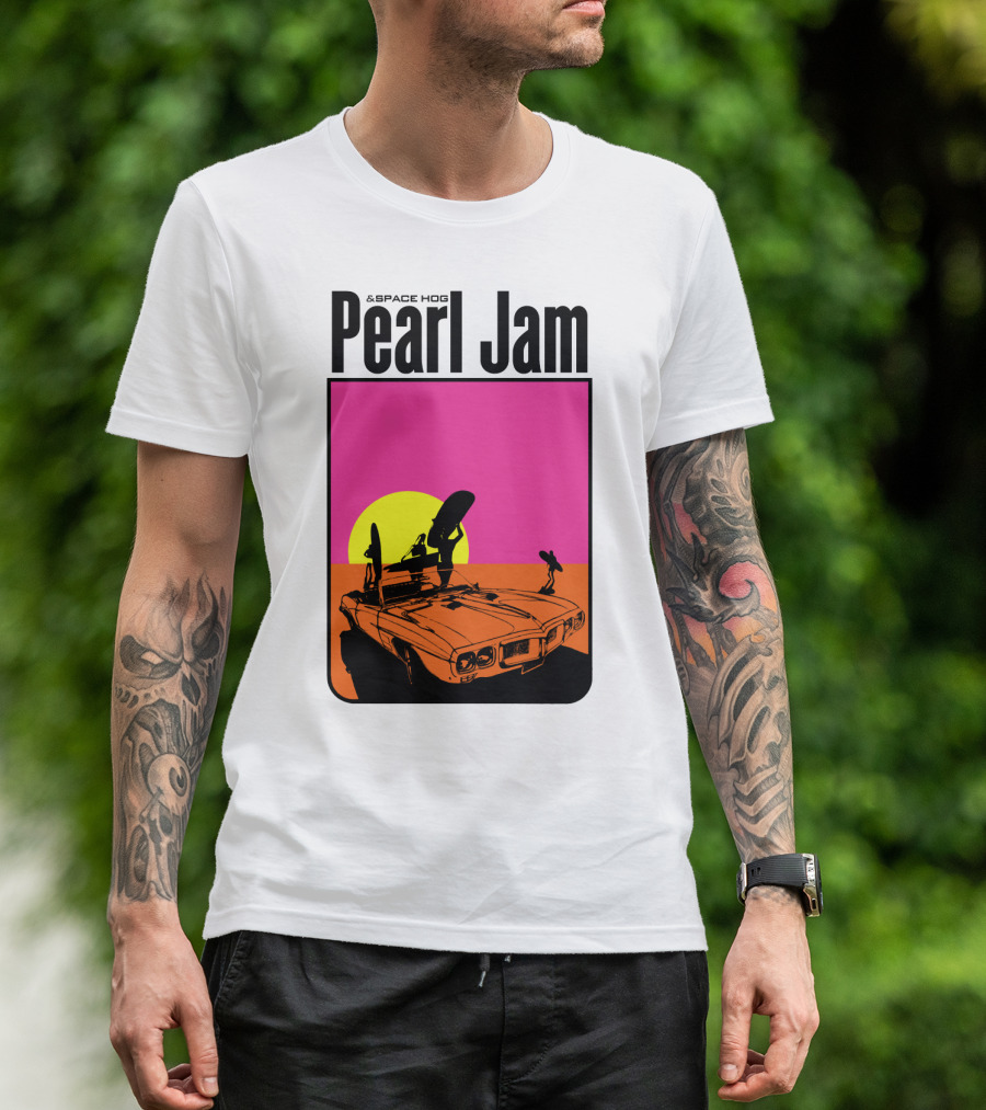Pearl Jam & Space Hog Surfing Graphic Car Sunset T-Shirt