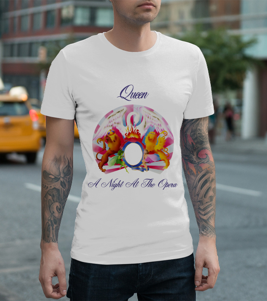 Queen A Night At The Opera Album Cover Art With Colorful Mythical Creatures And Winged Symbolism T-Shirt