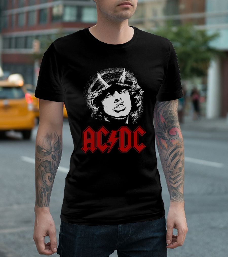 Acdc Rock Band Portrait With Red Logo And Horns T-Shirt