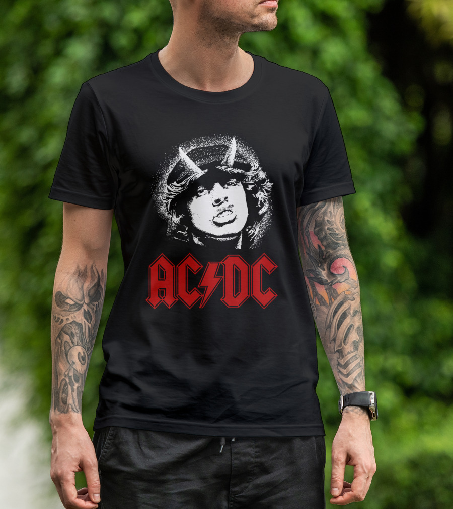 Acdc Rock Band Portrait With Red Logo And Horns T-Shirt