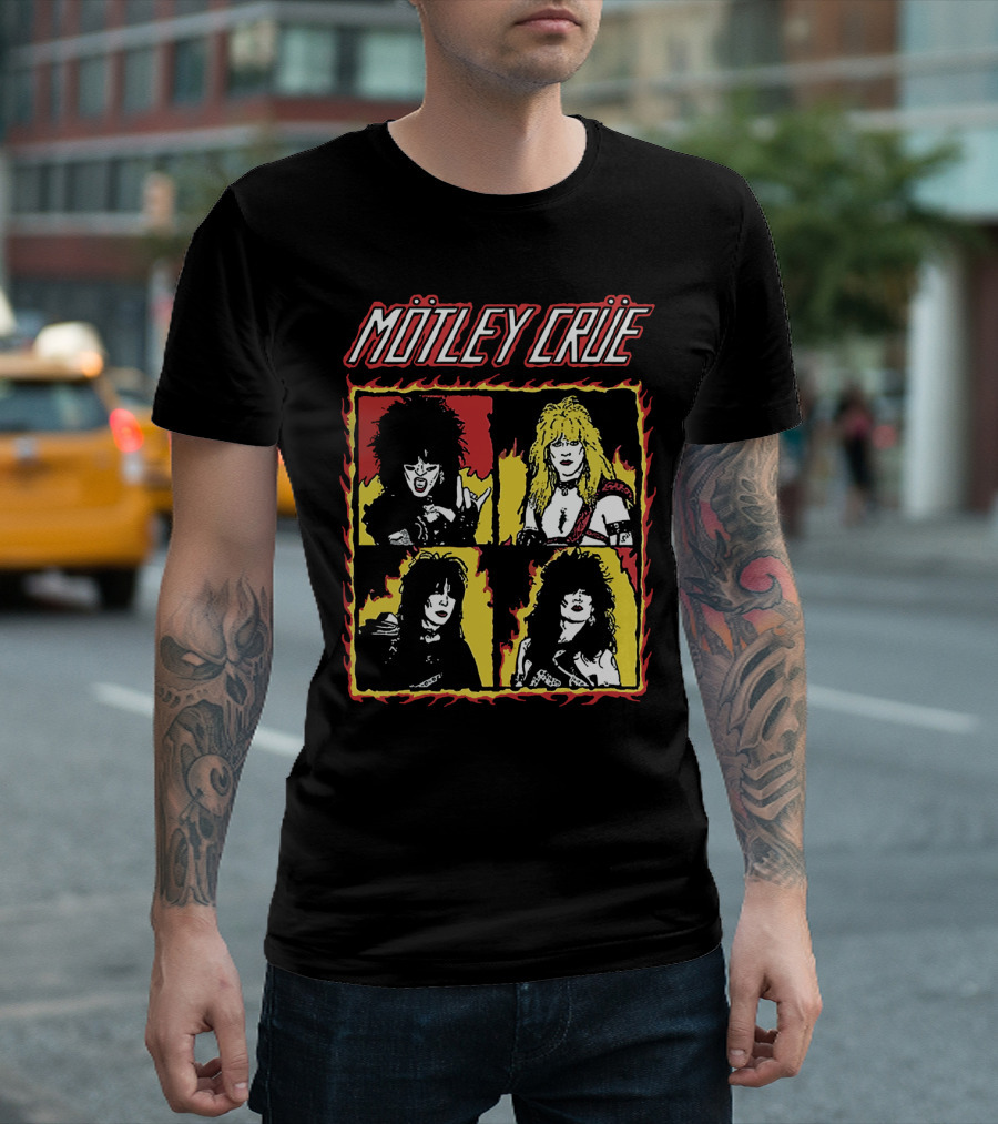 Mötley Crüe Cartoon Band Members Fire Border T-Shirt