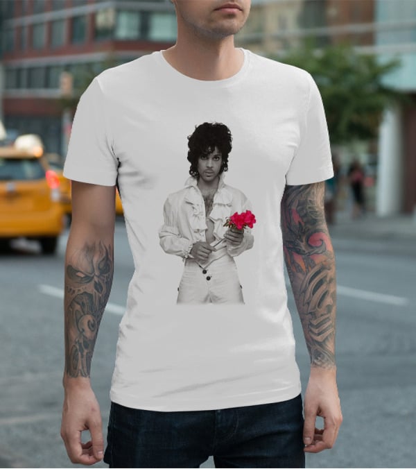 Pr 19 Vintage Style White Frilled Shirt Holding Pink Roses T-Shirt