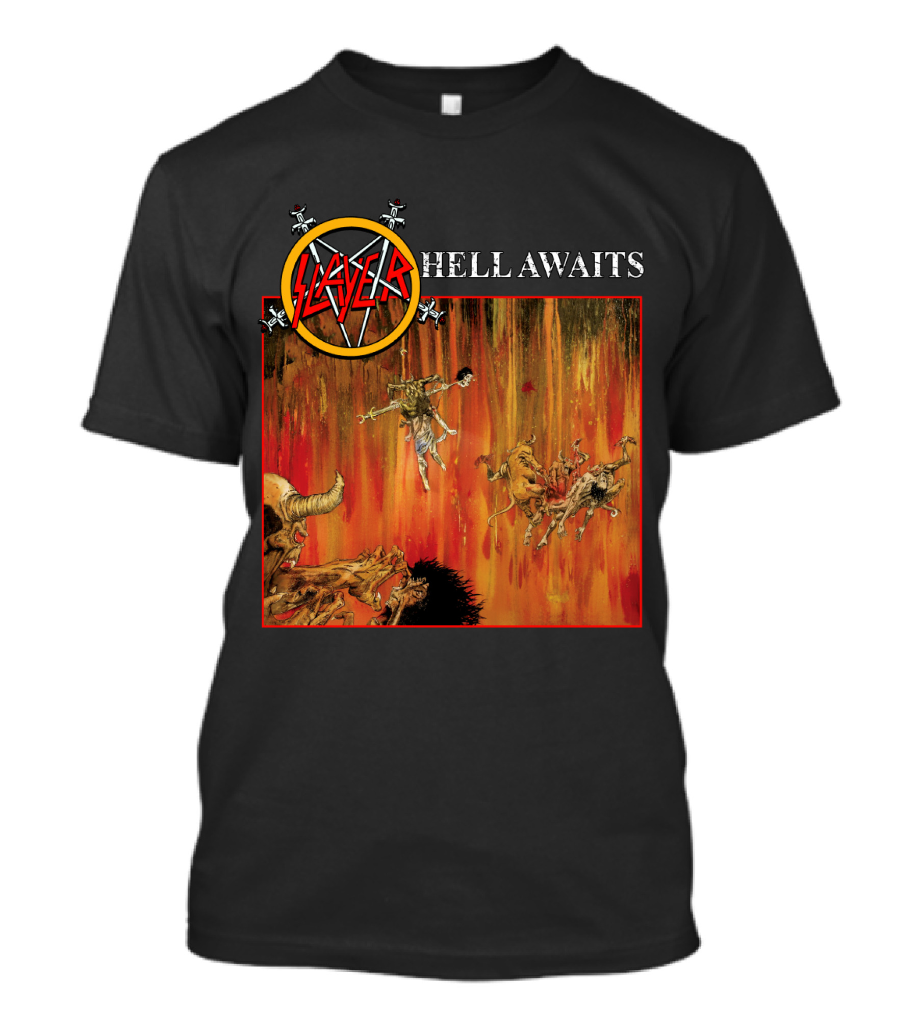 Slayer Hell Awaits Logo With Demonic Falling Figures And Fiery Scene T-Shirt