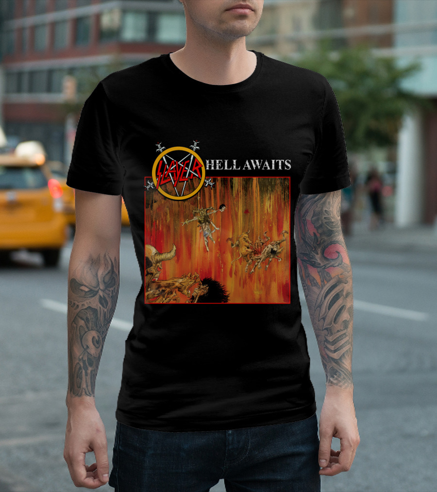 Slayer Hell Awaits Logo with Demonic Falling Figures and Fiery Scene T-Shirt