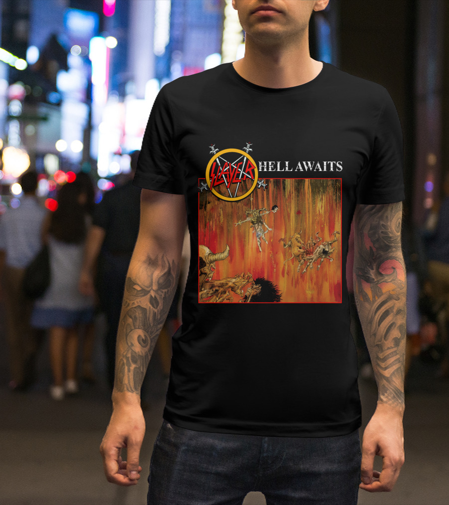 Slayer Hell Awaits Logo With Demonic Falling Figures And Fiery Scene T-Shirt