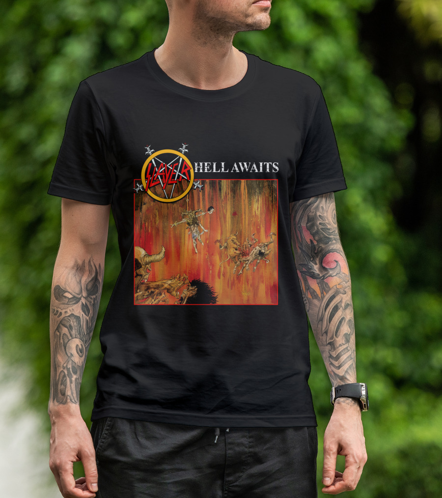 Slayer Hell Awaits Logo With Demonic Falling Figures And Fiery Scene T-Shirt