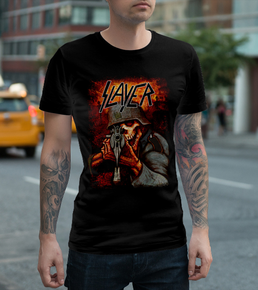 Slayer Hellish Soldier Skeleton Aiming Gun Blaze T-Shirt