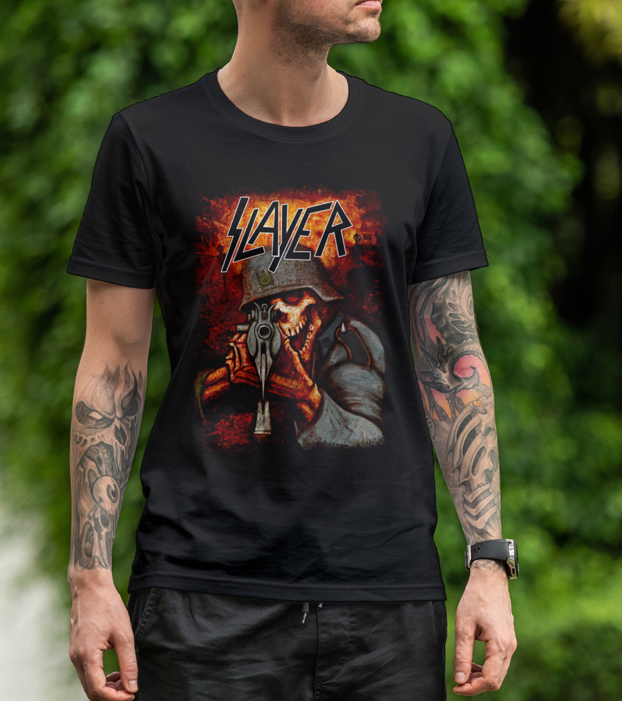 Slayer Hellish Soldier Skeleton Aiming Gun Blaze T-Shirt