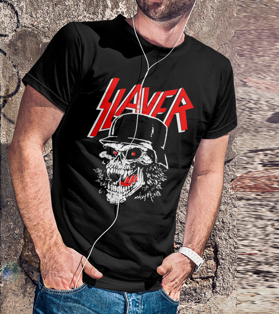 Slayer Skull With Helmet And Red Eyes T-Shirt