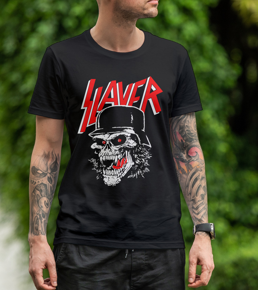 Slayer Skull With Helmet And Red Eyes T-Shirt