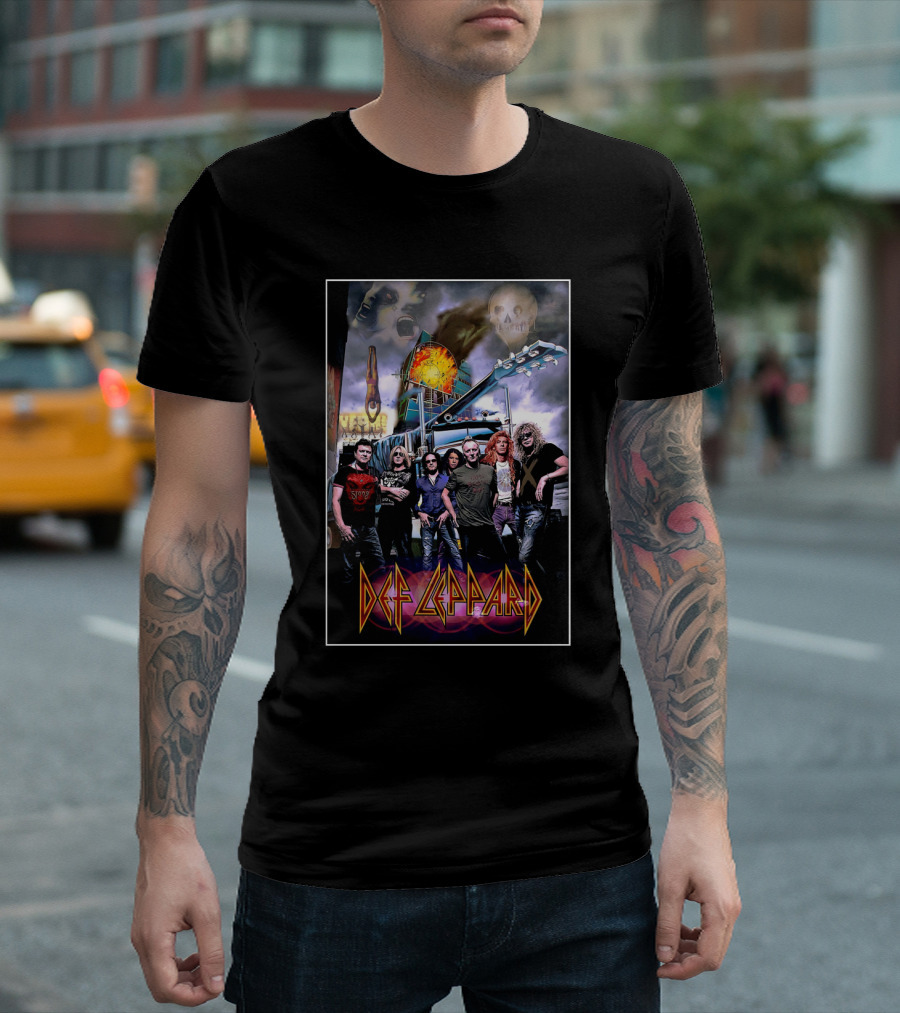 Def Leppard Band Imagery With Skull And Guitar Scene T-Shirt