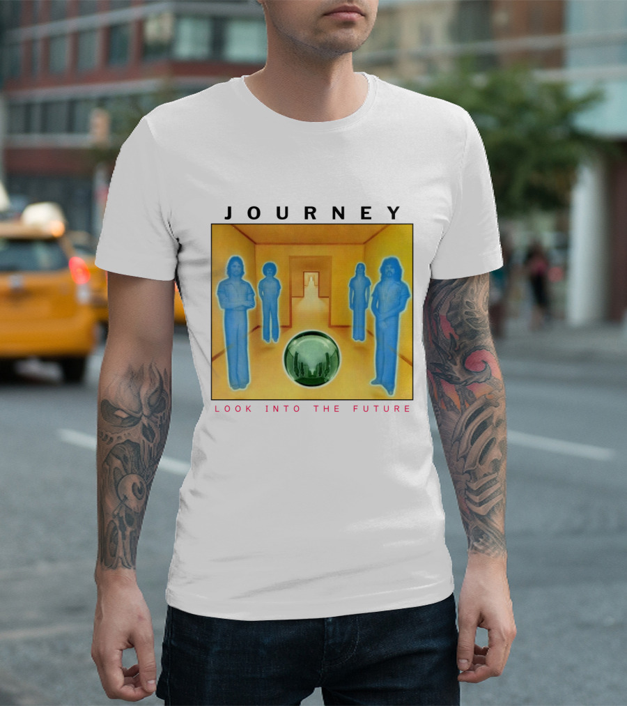 JOURNEY Look Into the Future Album Art with Blue Figures and Globe T-Shirt