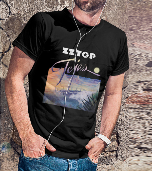Zz Top Tejas Desert Scene With White Longhorn Under Moon T-Shirt