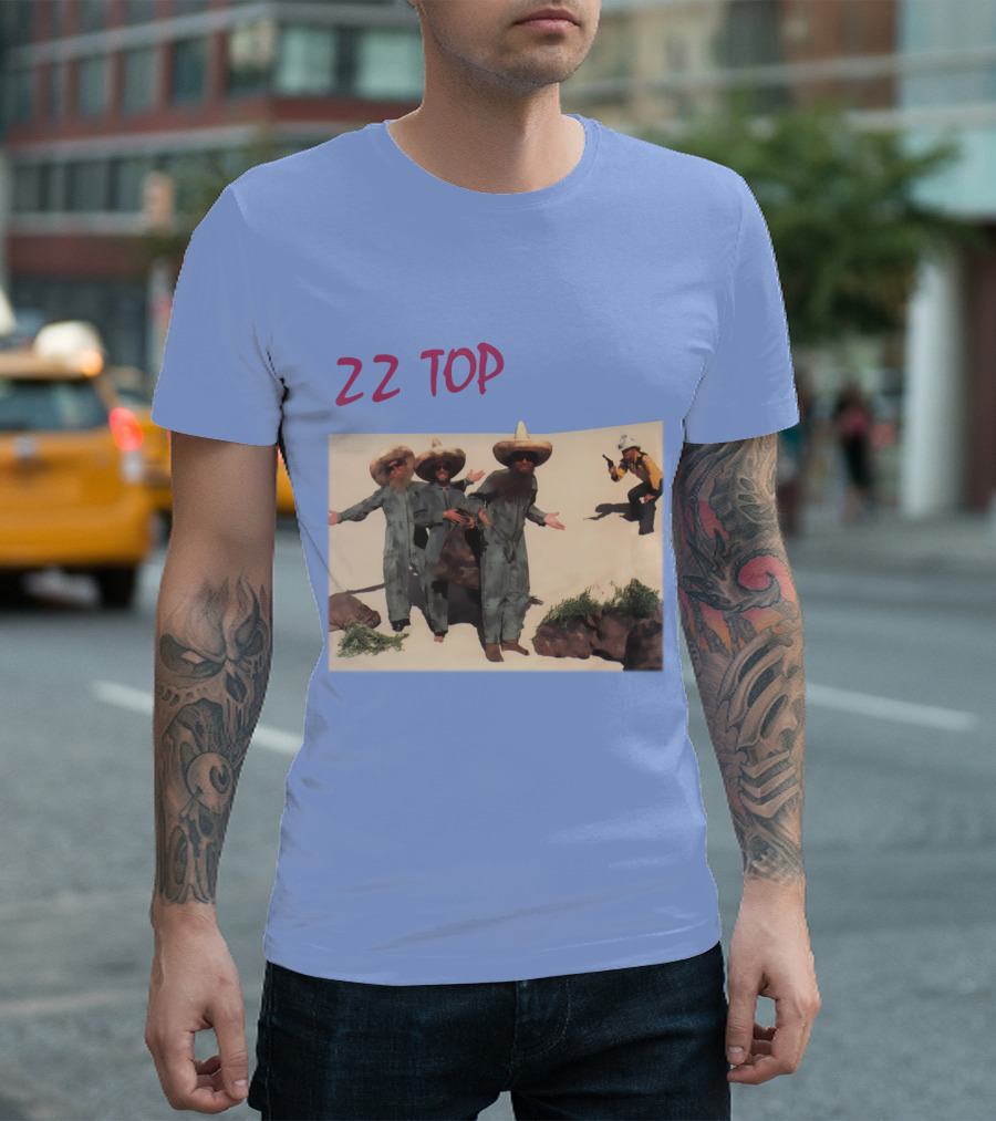 Zz Top Desert Photo Trio With Cowboy Hats And Guitar 자세히 보기 T-Shirt