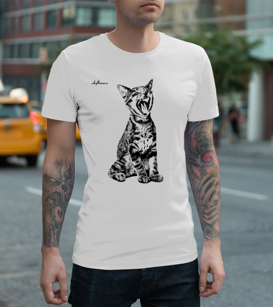 Deftones Yawning Cat Black And White Artwork T-Shirt