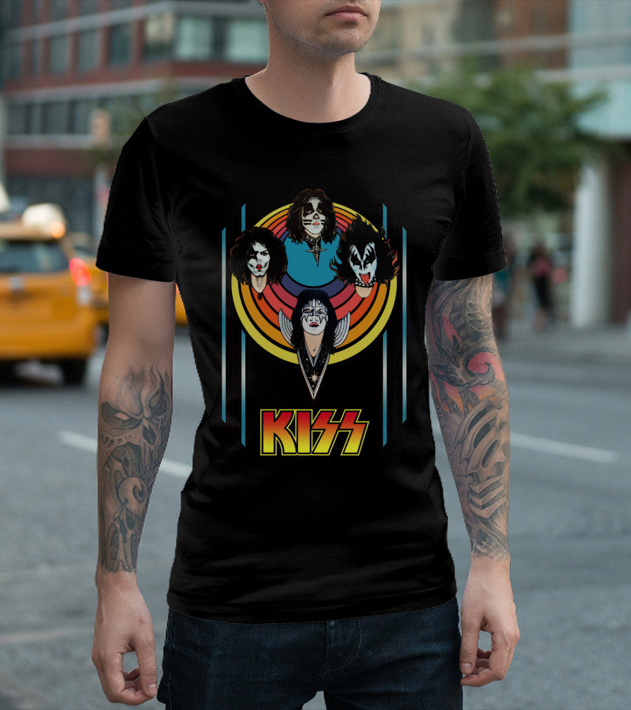 Kiss Band Iconic Faces With Colorful Stripes Retro Style T-Shirt