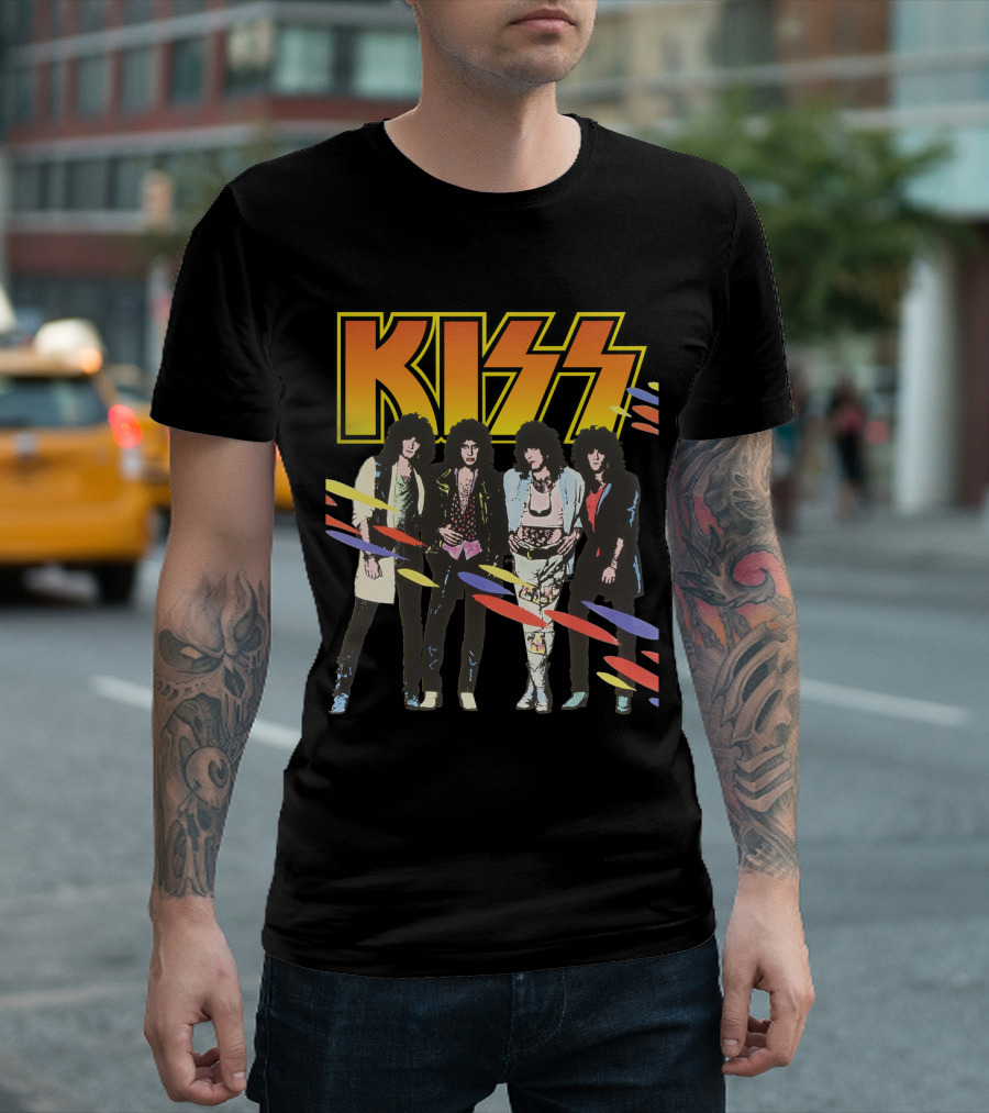 Kiss Band Retro Look With Colorful Stripes T-Shirt