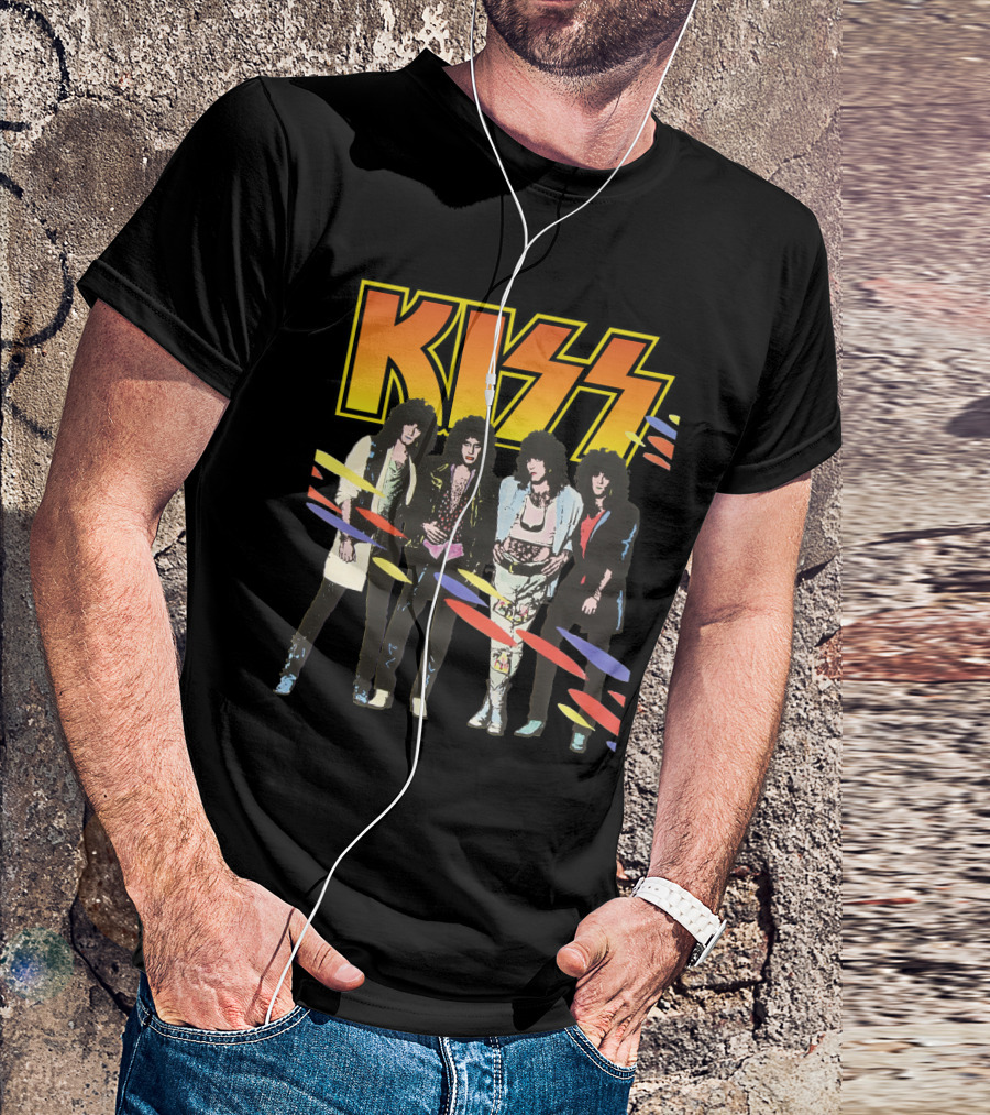 Kiss Band Retro Look With Colorful Stripes T-Shirt