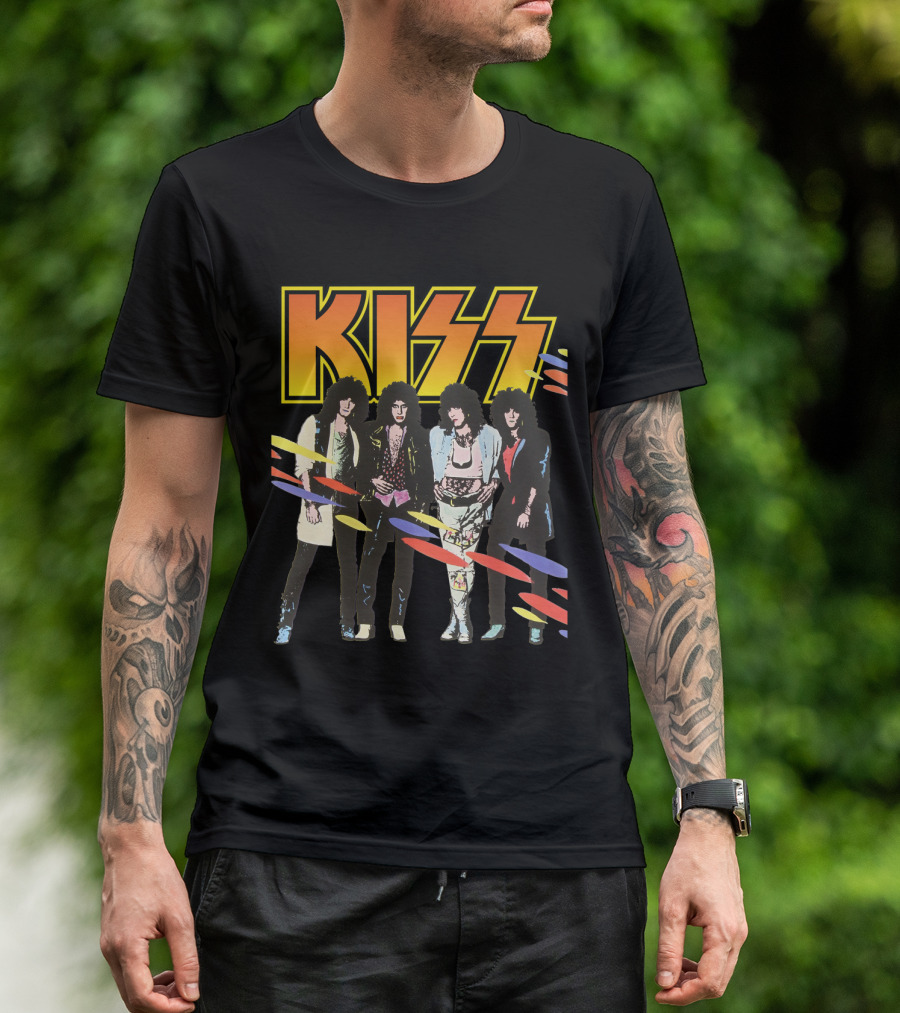 Kiss Band Retro Look With Colorful Stripes T-Shirt