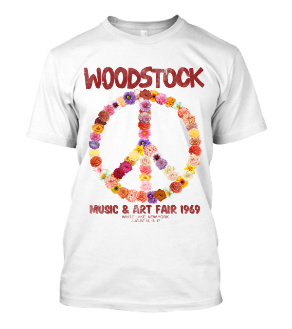Woodstock Music & Art Fair 1969 Peace Symbol Flowers White Lake New York August T-Shirt