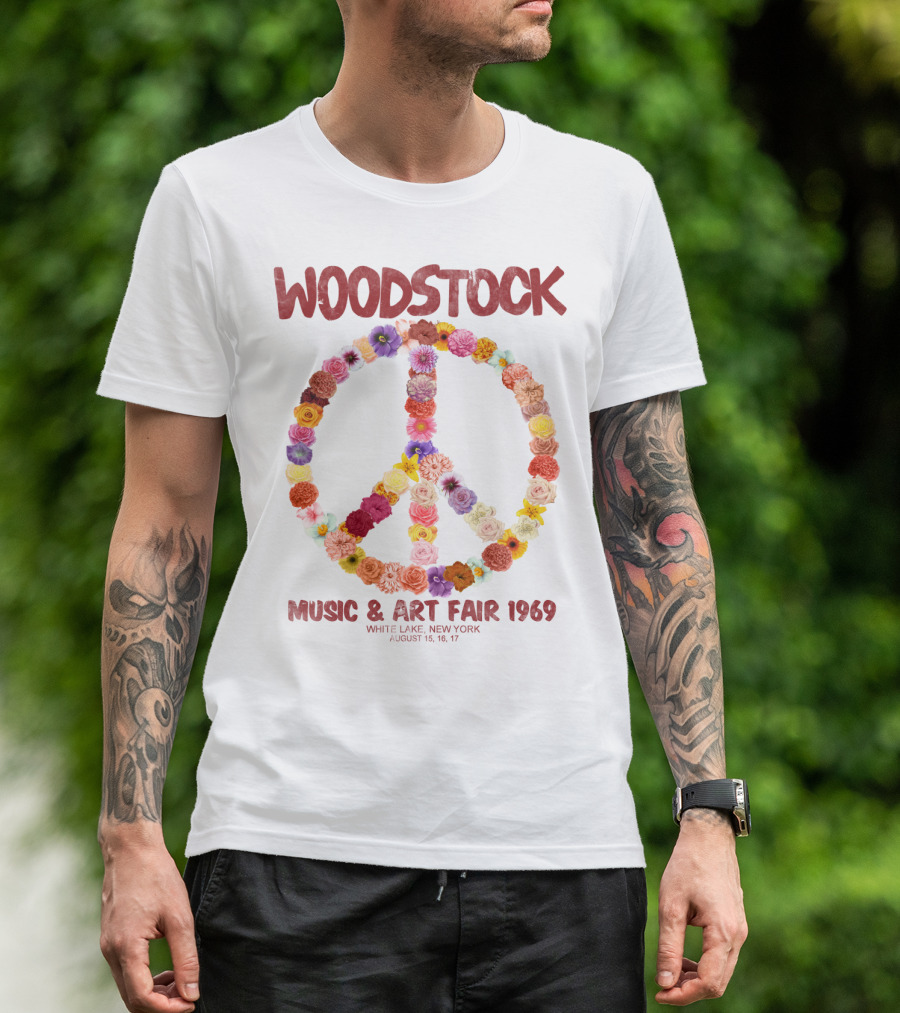 Woodstock Music & Art Fair 1969 Peace Symbol Flowers White Lake New York August T-Shirt