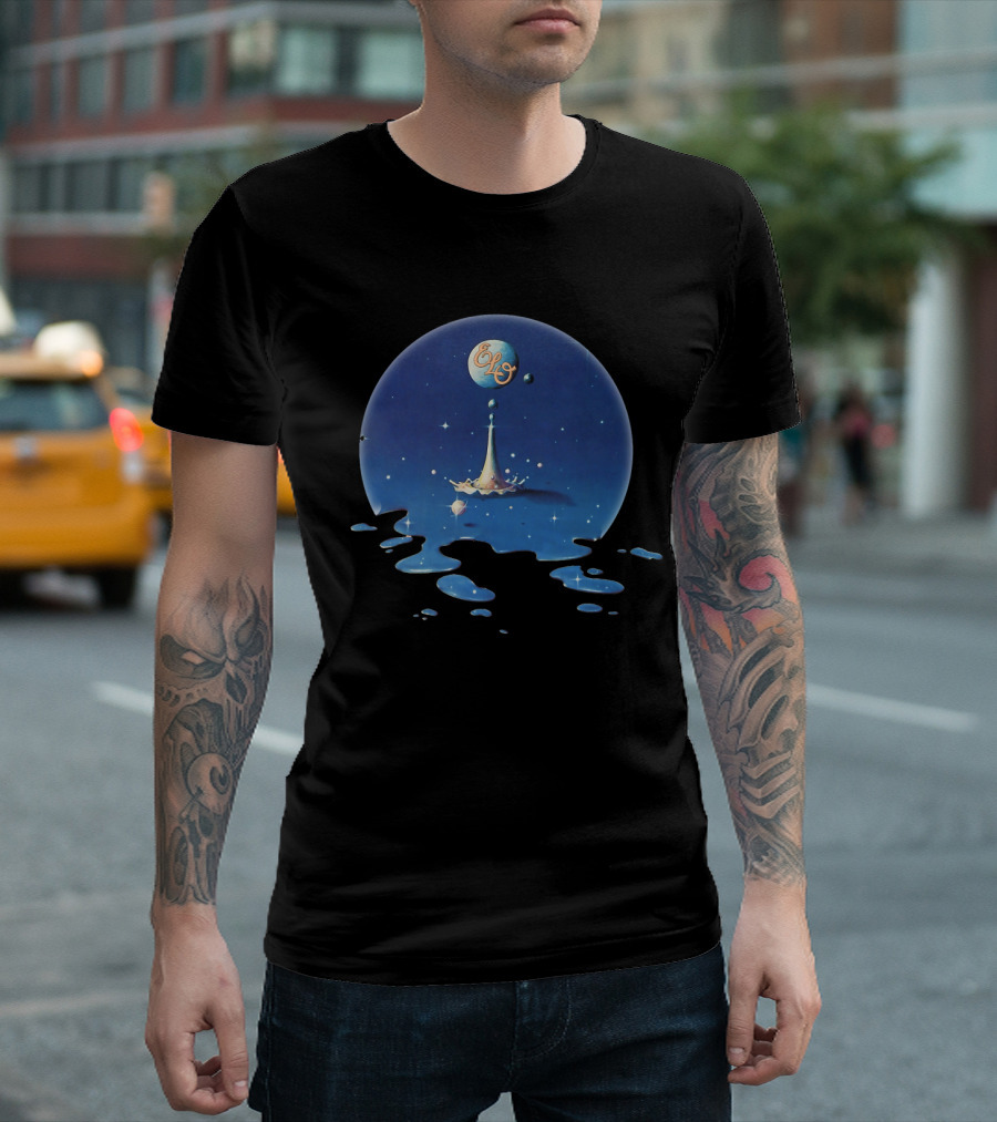 ELO Out of the Blue Album Cover Art with Space and Water Droplets T-Shirt
