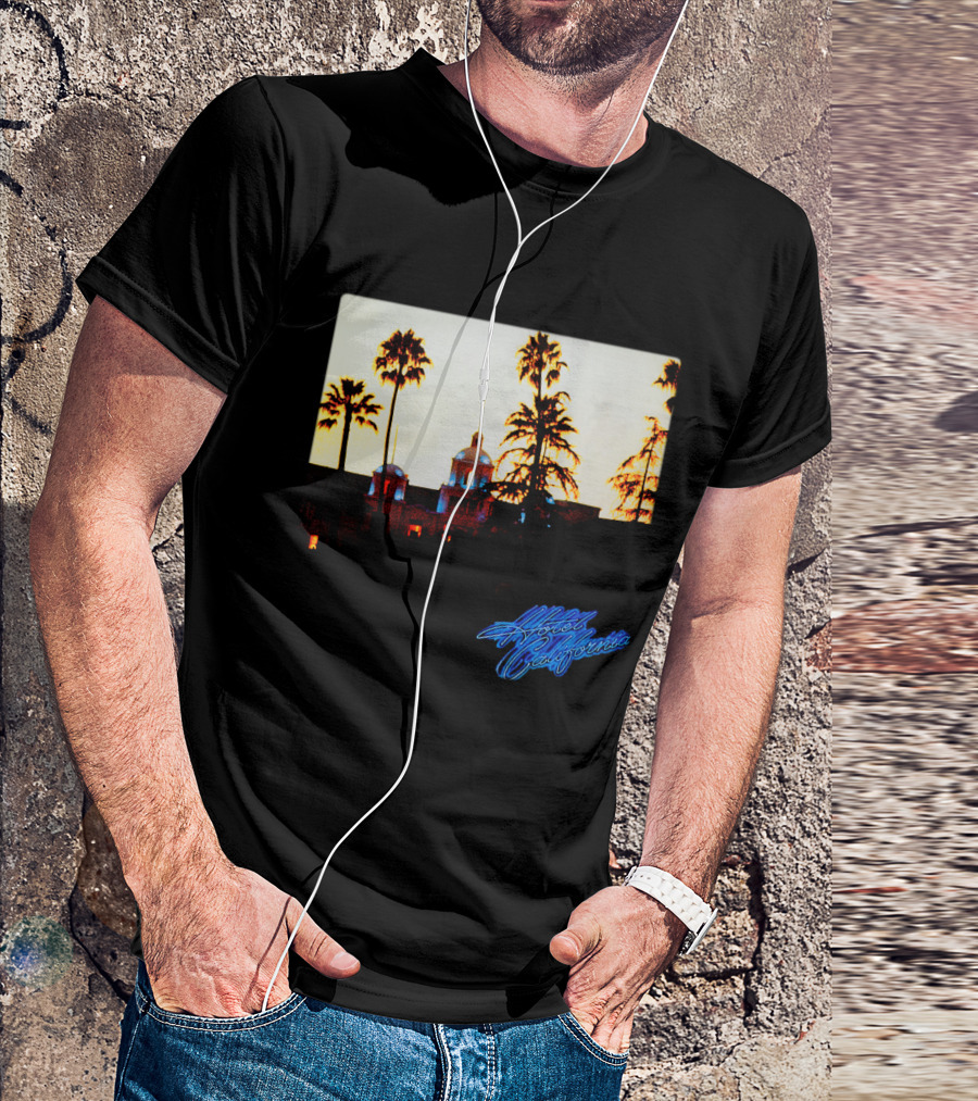 Hotel California Night Scene With Palm Trees And Neon Style T-Shirt