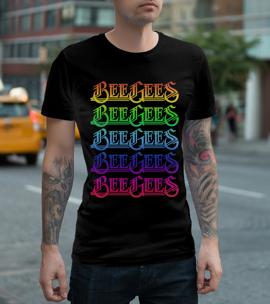 Bee Gees Rainbow Text Multi-Color Typography T-Shirt