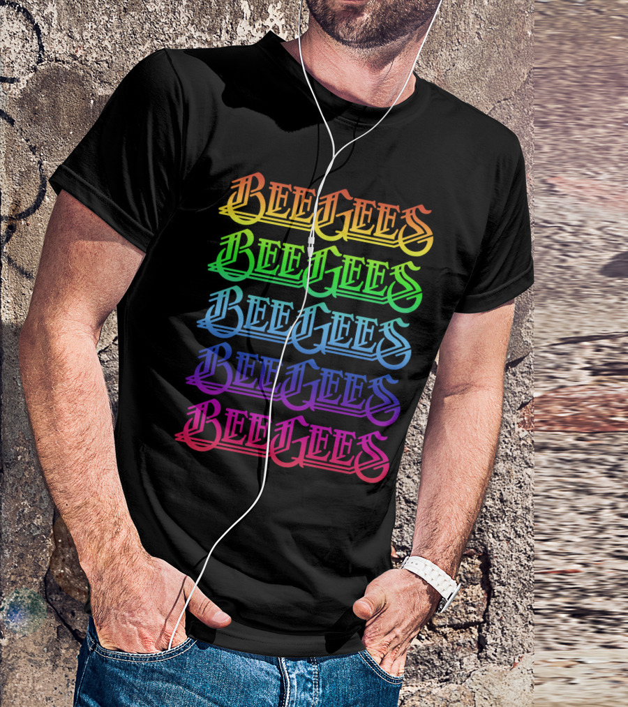 Bee Gees Rainbow Text Multi-Color Typography T-Shirt