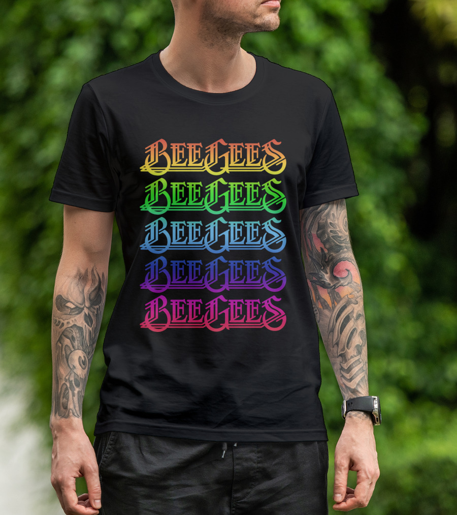 Bee Gees Rainbow Text Multi-Color Typography T-Shirt
