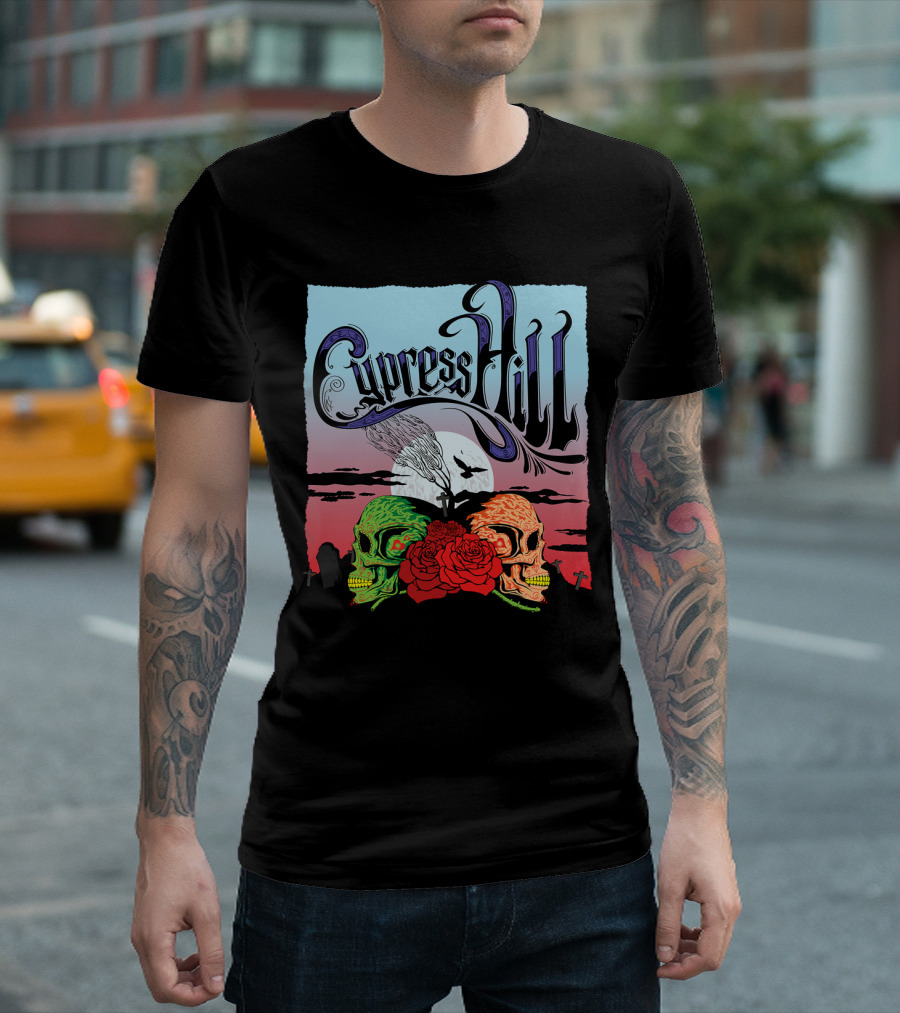 Cypress Hill Two Skulls And Roses With Moon And Raven T-Shirt