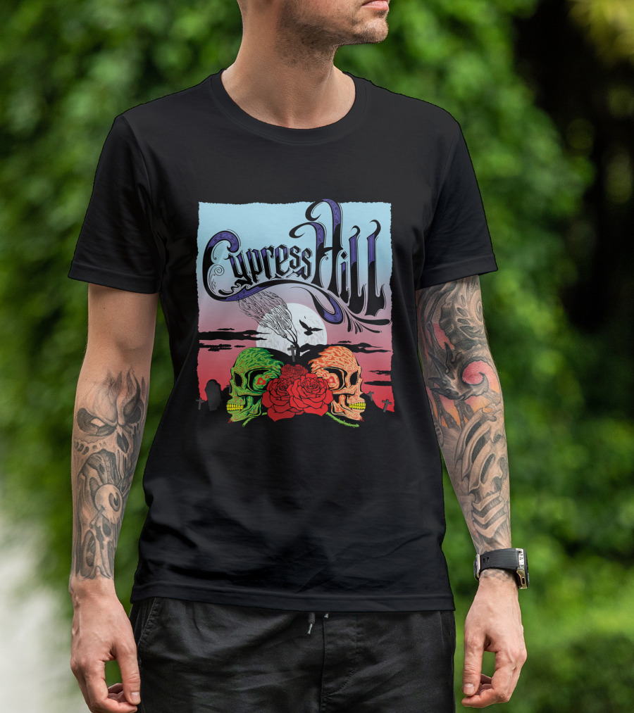 Cypress Hill Two Skulls And Roses With Moon And Raven T-Shirt
