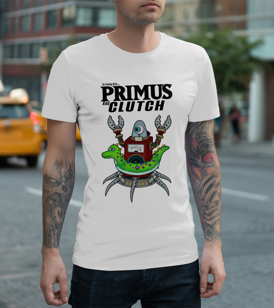 An Evening With Primus And Clutch Robot Monster With Alligator Alien Creature T-Shirt