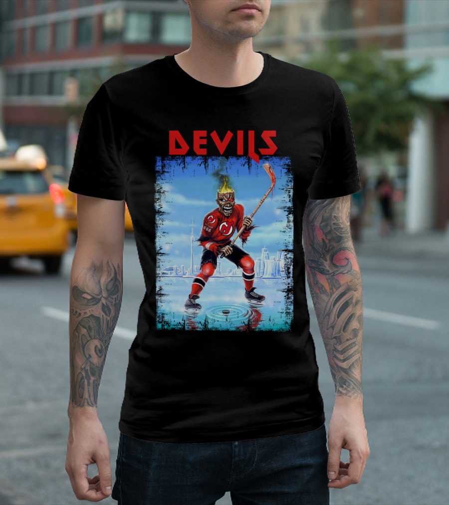 New Jersey Devils Hockey Fiery Demon Skater 666 City Skyline T-Shirt