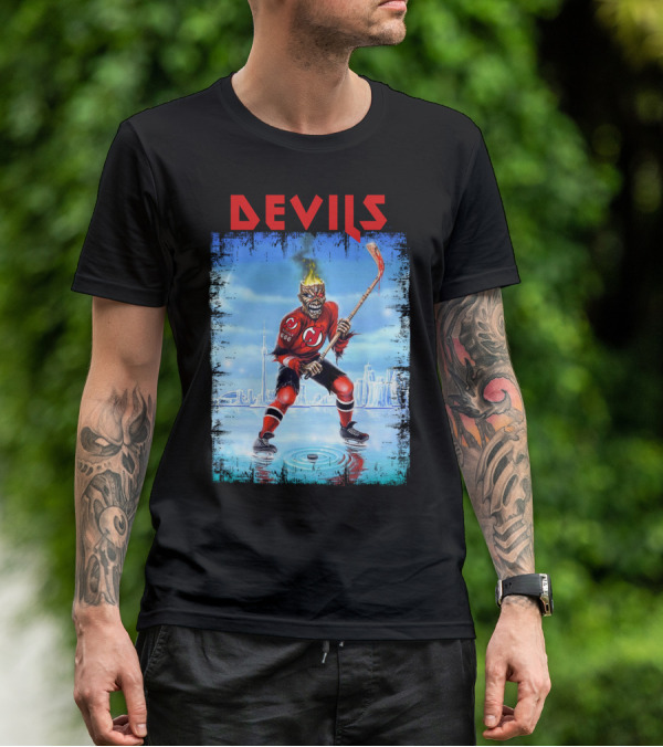 New Jersey Devils Hockey Fiery Demon Skater 666 City Skyline T-Shirt