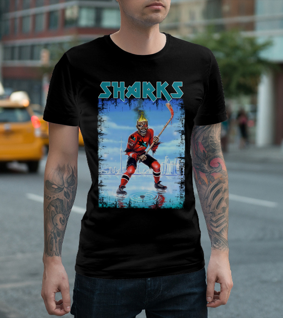 Sharks Hockey Fiery Skeleton Player On Ice T-Shirt